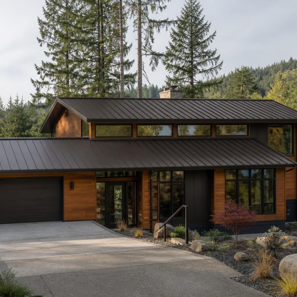 West Coast modern home with dark bronze standing seam metal roof