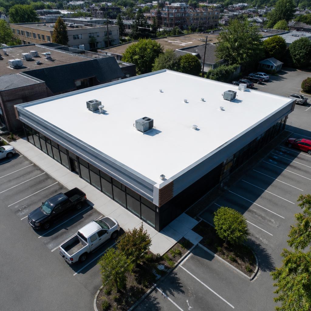 Aerial of commercial retail building with new white TPO membrane roof