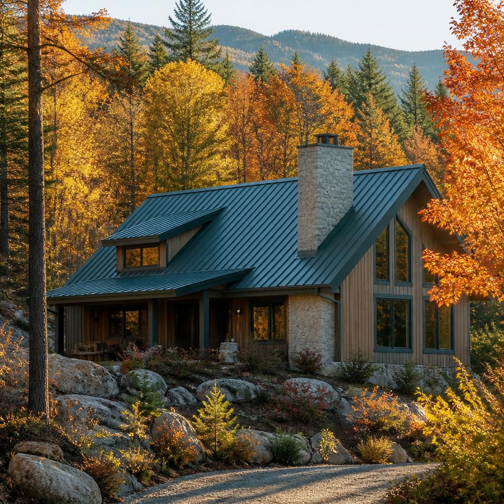 Mountain cabin with forest green standing seam metal roof