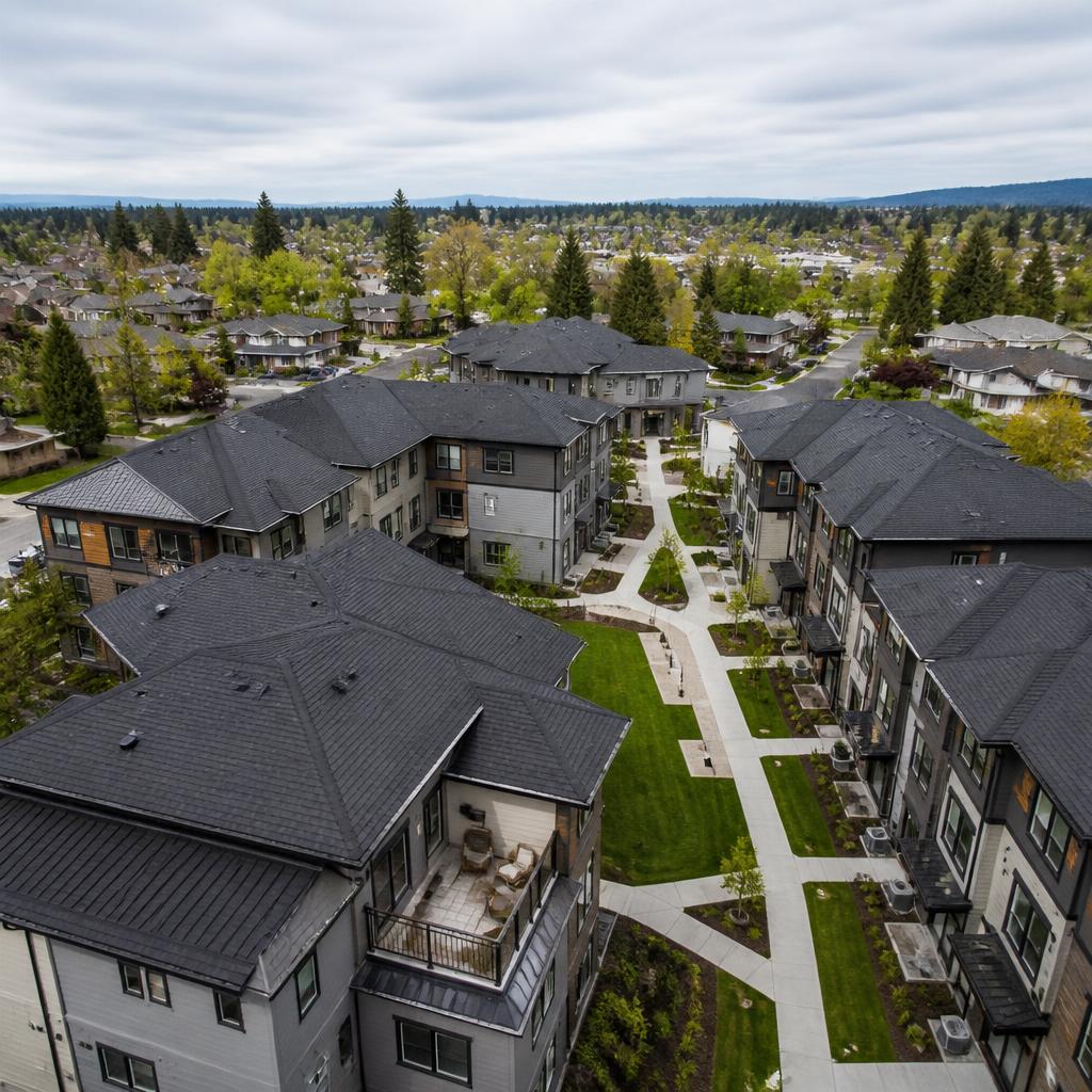 Aerial of townhouse strata with new black shingle roofs