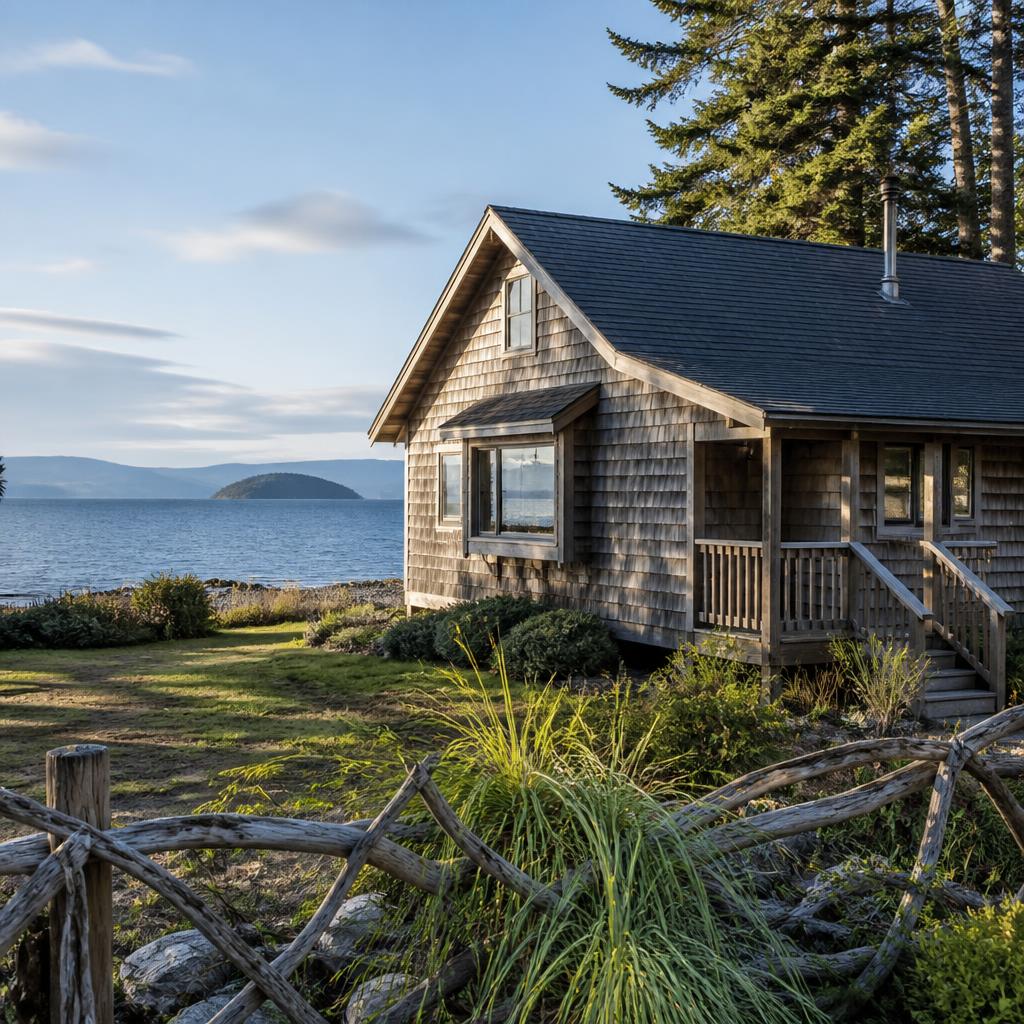 Beachfront cottage with new charcoal shingle roof on Hornby Island
