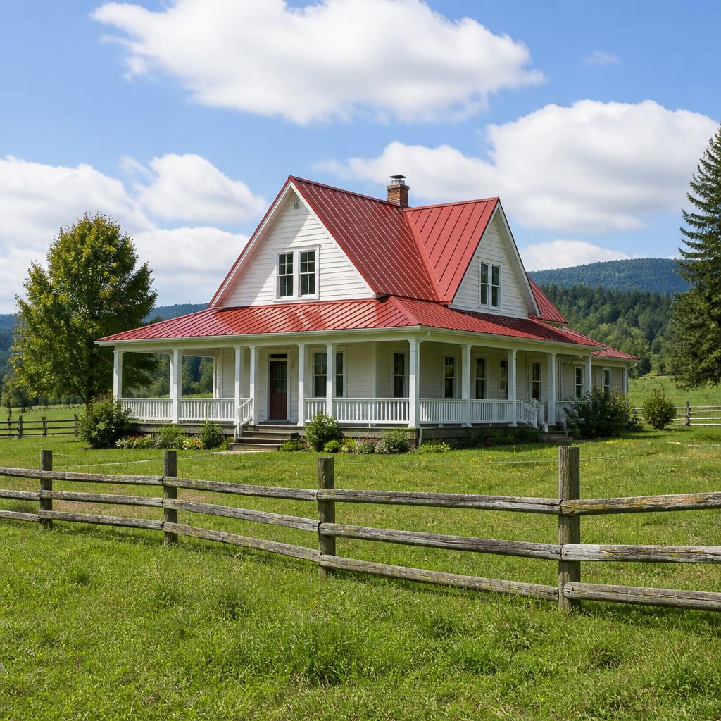 Rural farmhouse with new red metal roof and wraparound porch