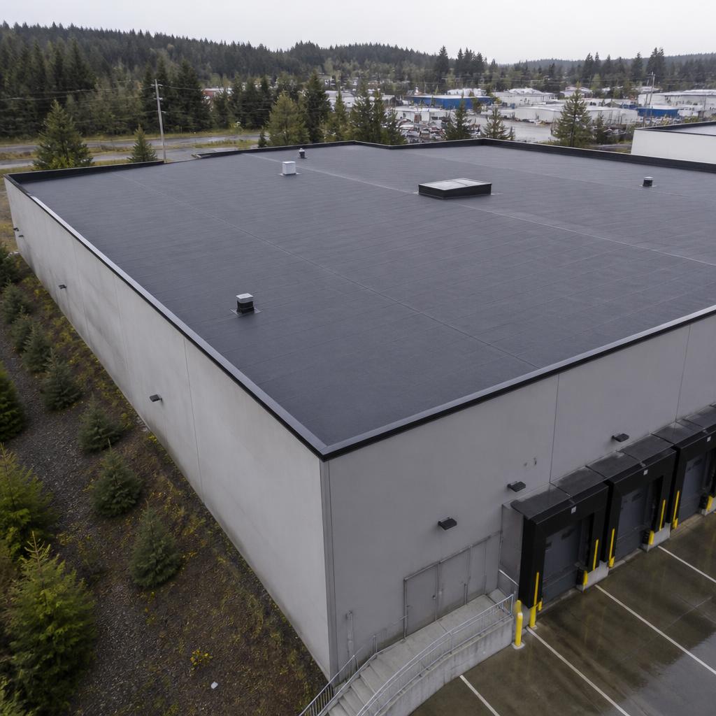 Industrial warehouse with new two-ply SBS torch-on flat roof