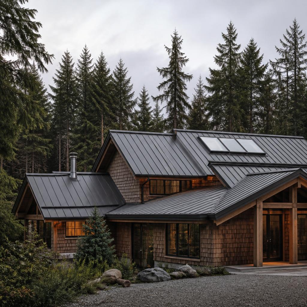 West Coast contemporary home with dark grey standing seam metal roof and skylights