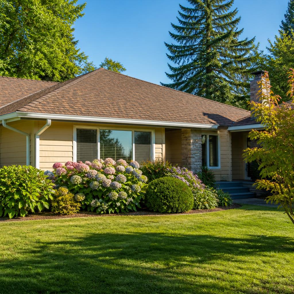 Bungalow with new brown architectural shingle roof and new aluminum gutters